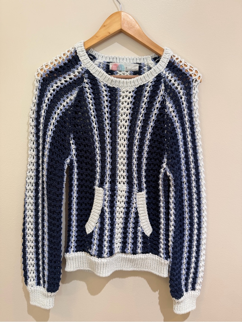 Free People Beach Dayton pullover sweater blue white striped crotchet size XS - Picture 3 of 11